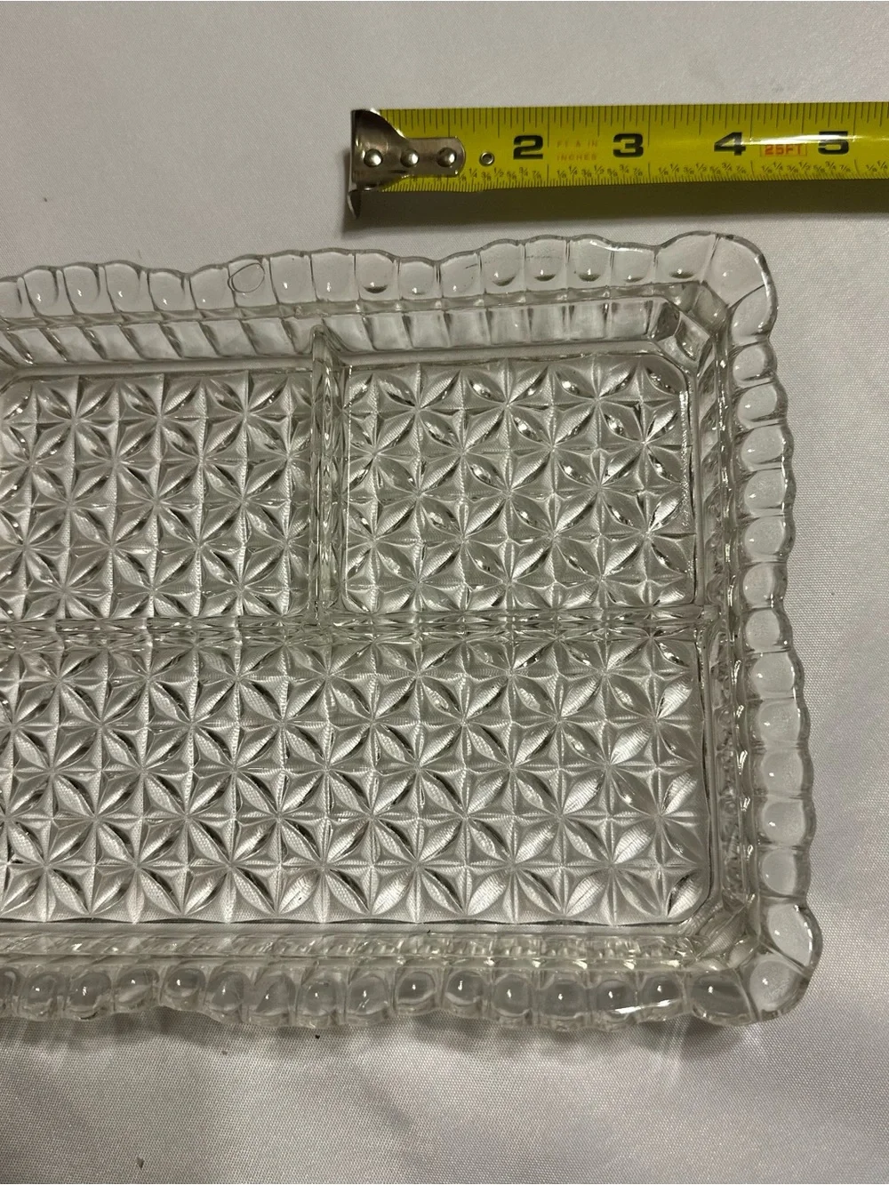Vintage glass relish dish with with aluminum lid with fruit design